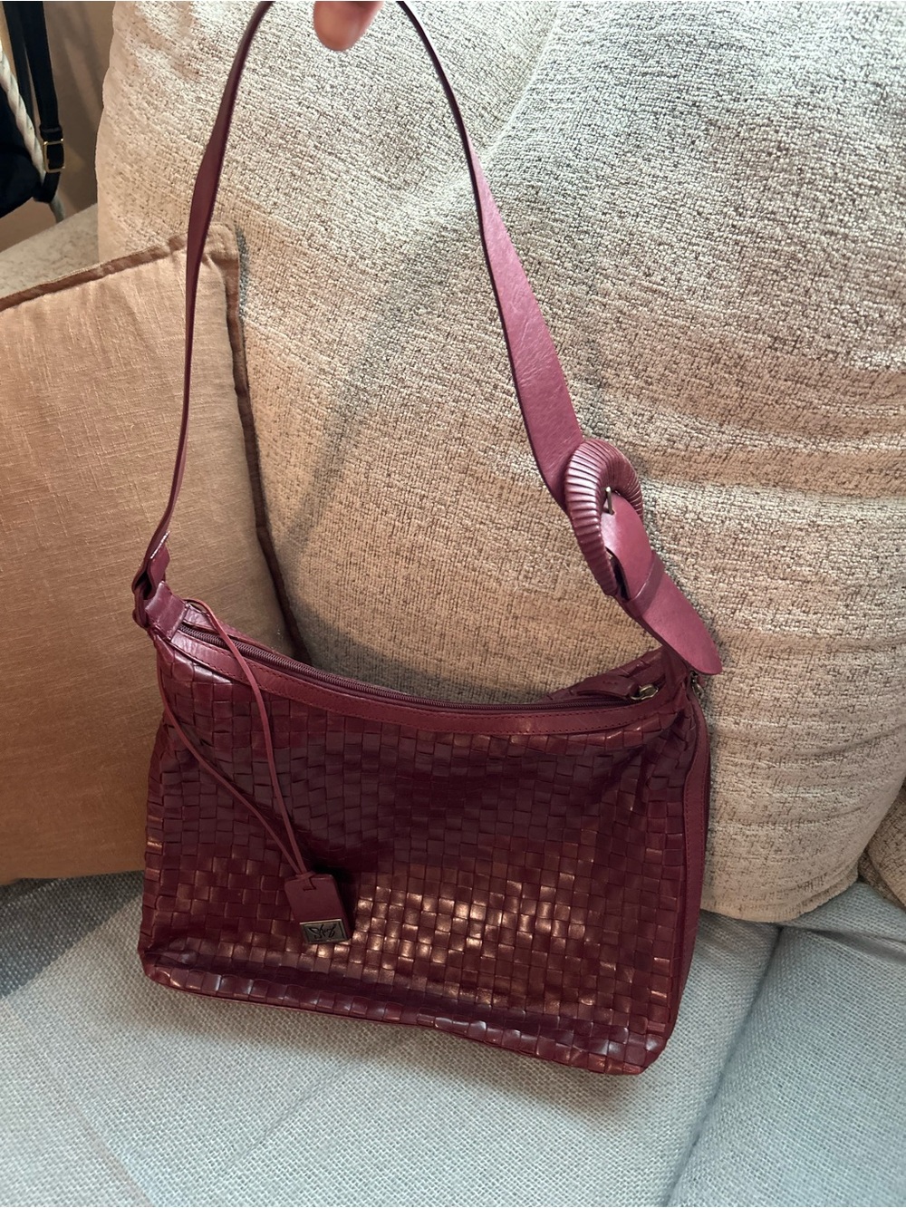 Sharif Studio Woven Leather Hobo Shoulder Bag Burgundy Boho Made in Brazil